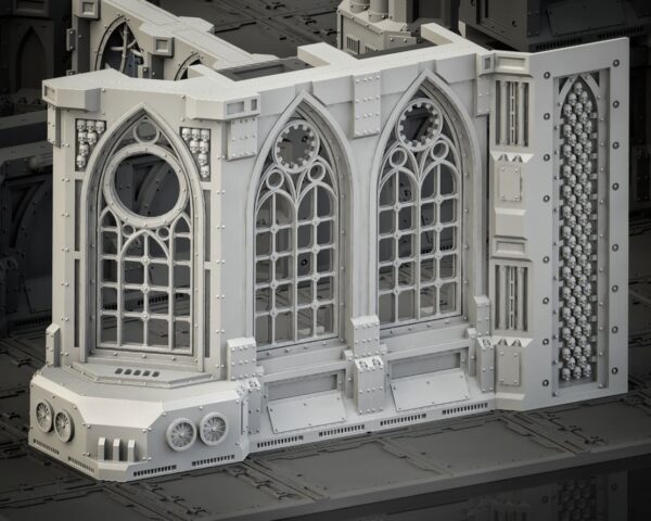 Gothic sci‑fi wall terrain piece with tall arched windows, riveted panels and a vertical column of skull details.