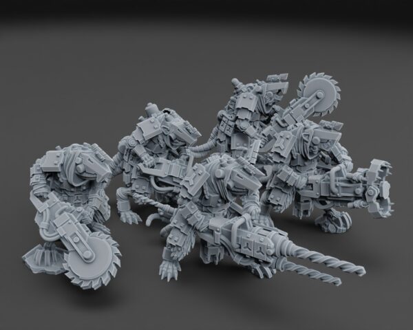 Gray 3D-printed cybernetic rat squad miniatures wielding drills, saws and heavy close combat weapons.