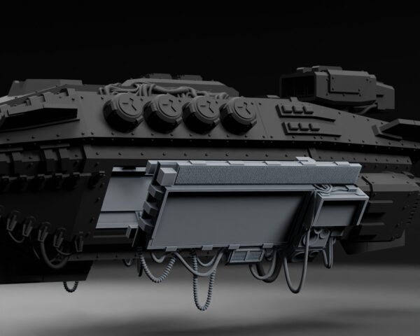 Dark sci-fi tank hull with a rectangular display insert panel and cables mounted along its underside.