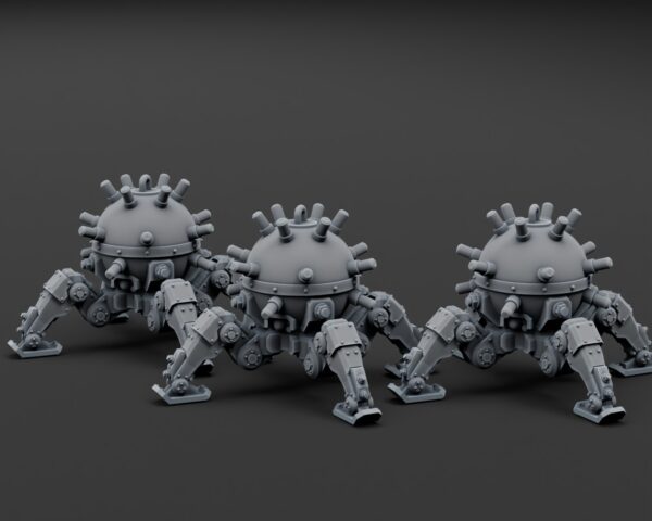 Three gray spherical micro crawler seamines with four mechanical legs each are arranged in a row on a dark background.