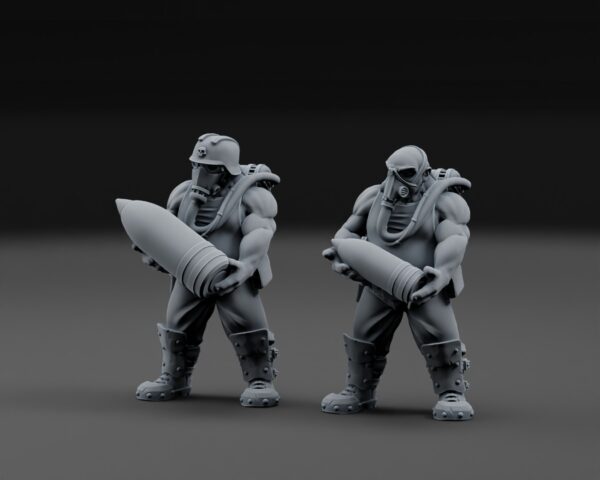 Two gray ogre loader miniatures stand side by side holding large artillery shells.