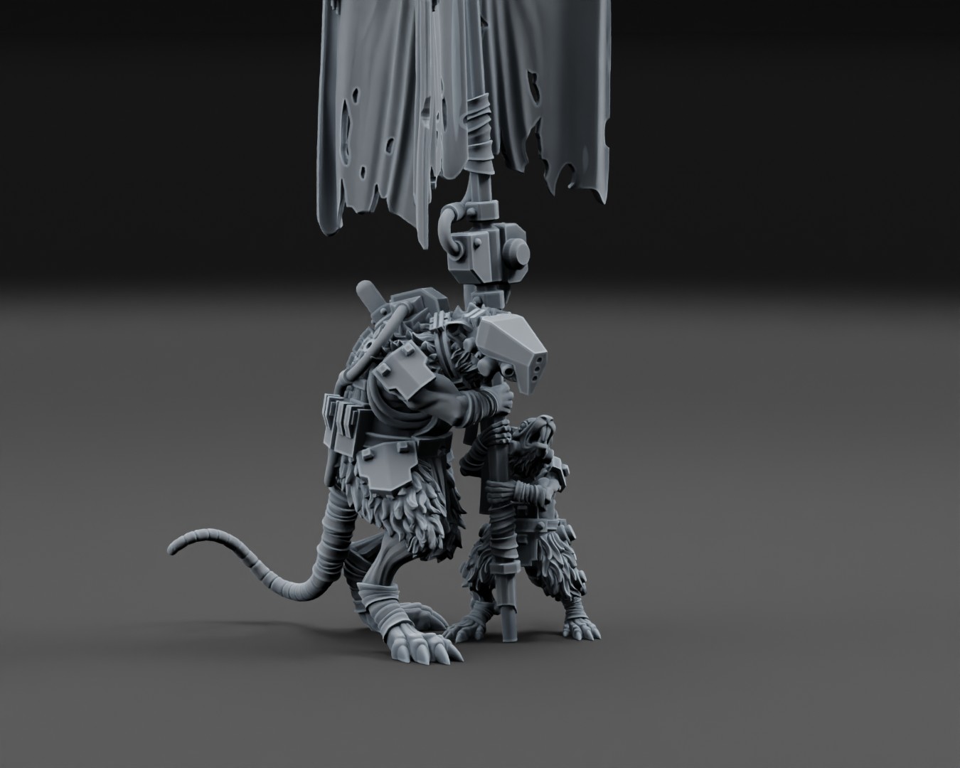 Cybernetic rat warrior miniature holding a tall tattered banner with a smaller rat at its feet.