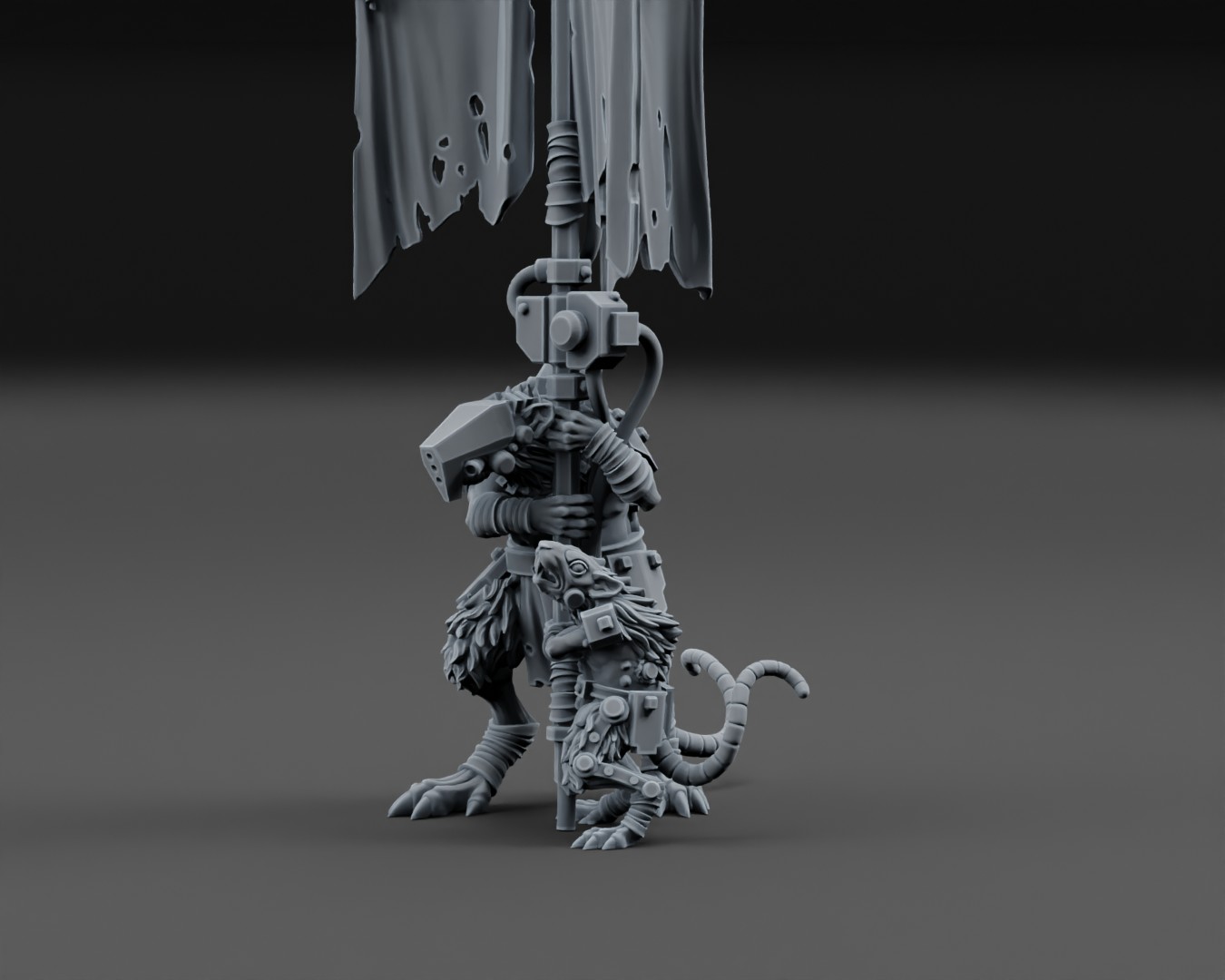 Cybernetic rat warrior miniature holding a tall tattered banner pole.