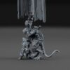 Gray 3D printed rat warrior miniature holding a tall tattered banner next to a smaller armored figure.