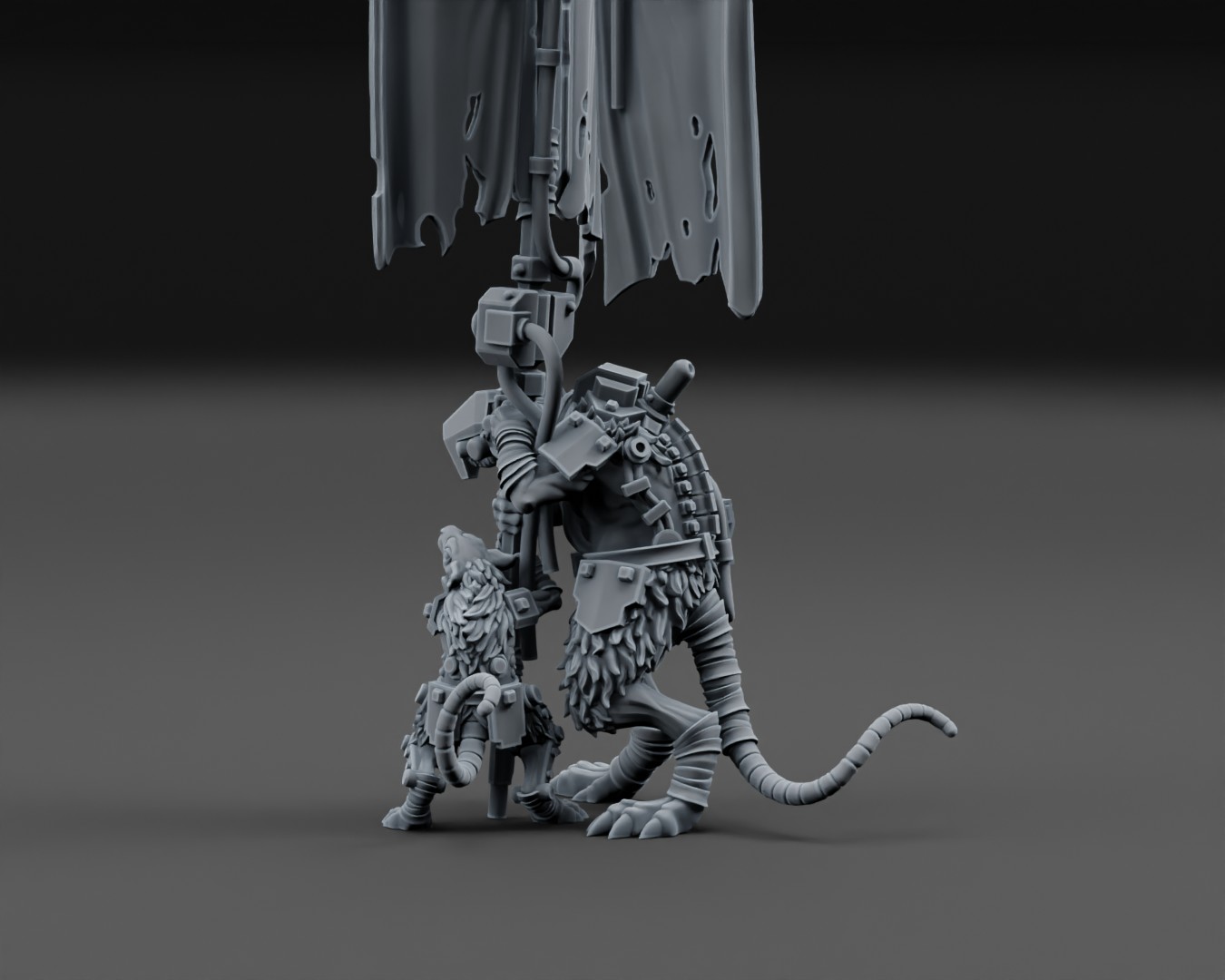 Gray 3D printed rat warrior miniature holding a tall tattered banner next to a smaller armored figure.