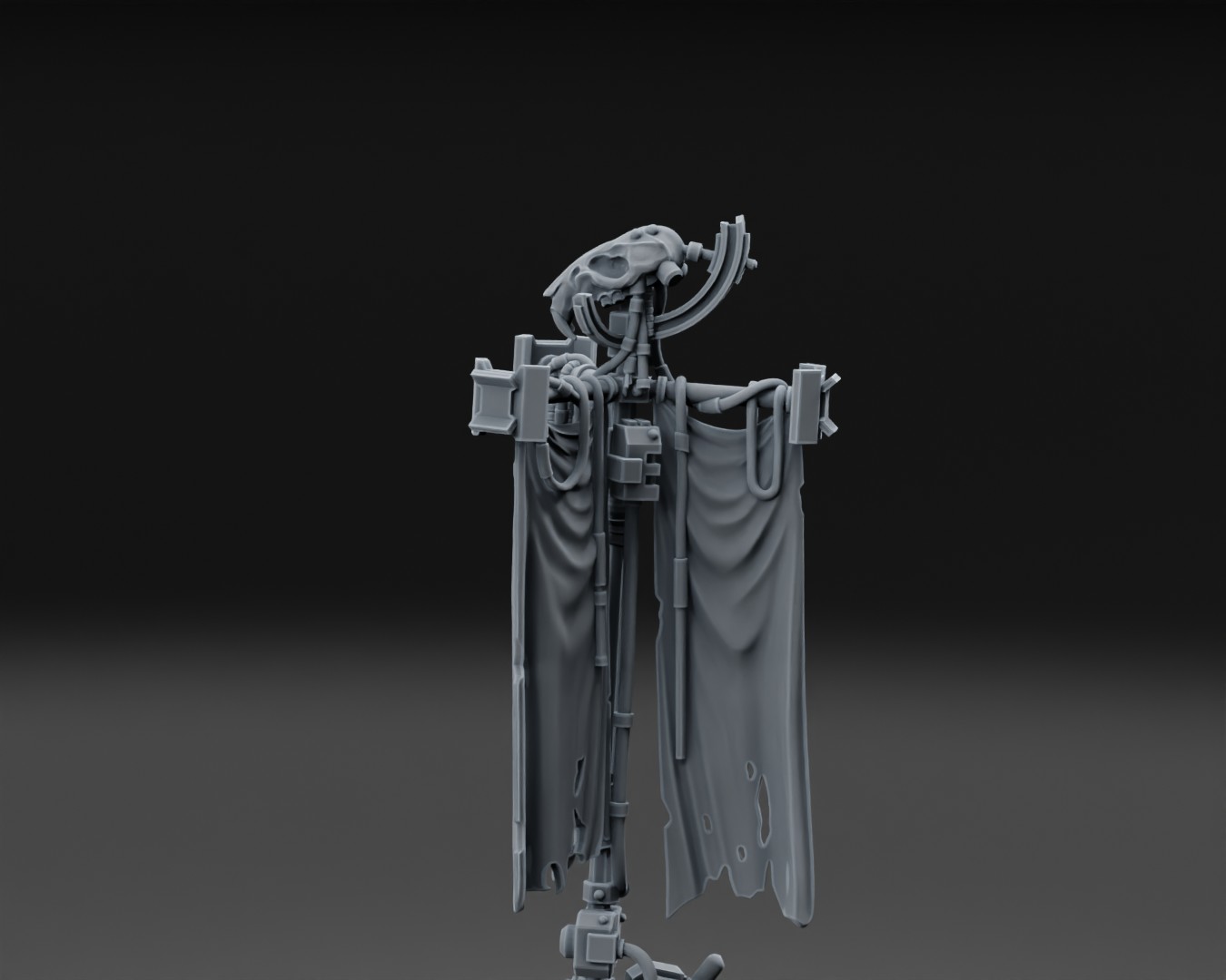 Gray cybernetic rat skull banner miniature with tattered cloth and mechanical details on a dark background.