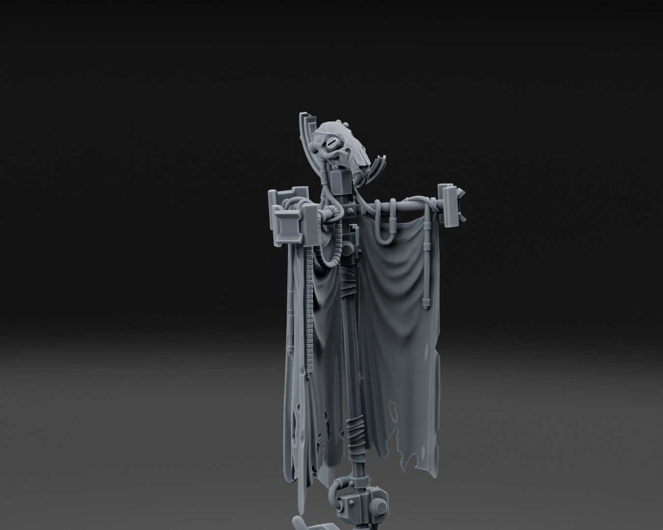 Gray cyberpunk rat-themed banner miniature with tattered draped cloth and mechanical details against a dark background.