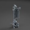 Gray 3D-printed cybernetic rat miniature holding a tall tattered banner with mechanical details.