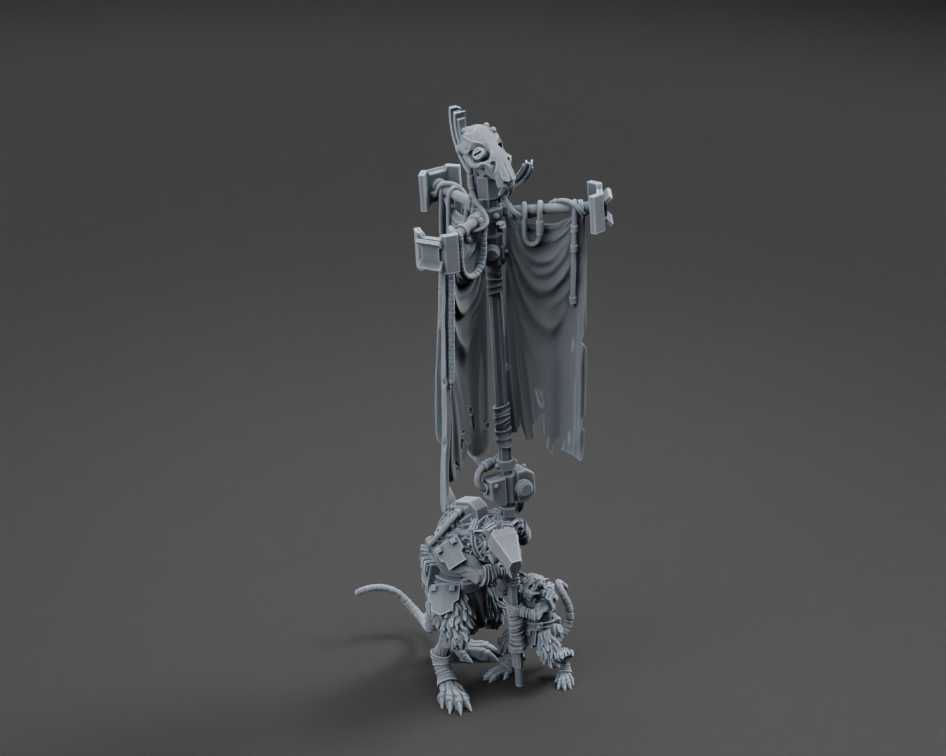 Gray 3D-printed cybernetic rat miniature holding a tall tattered banner with mechanical details.