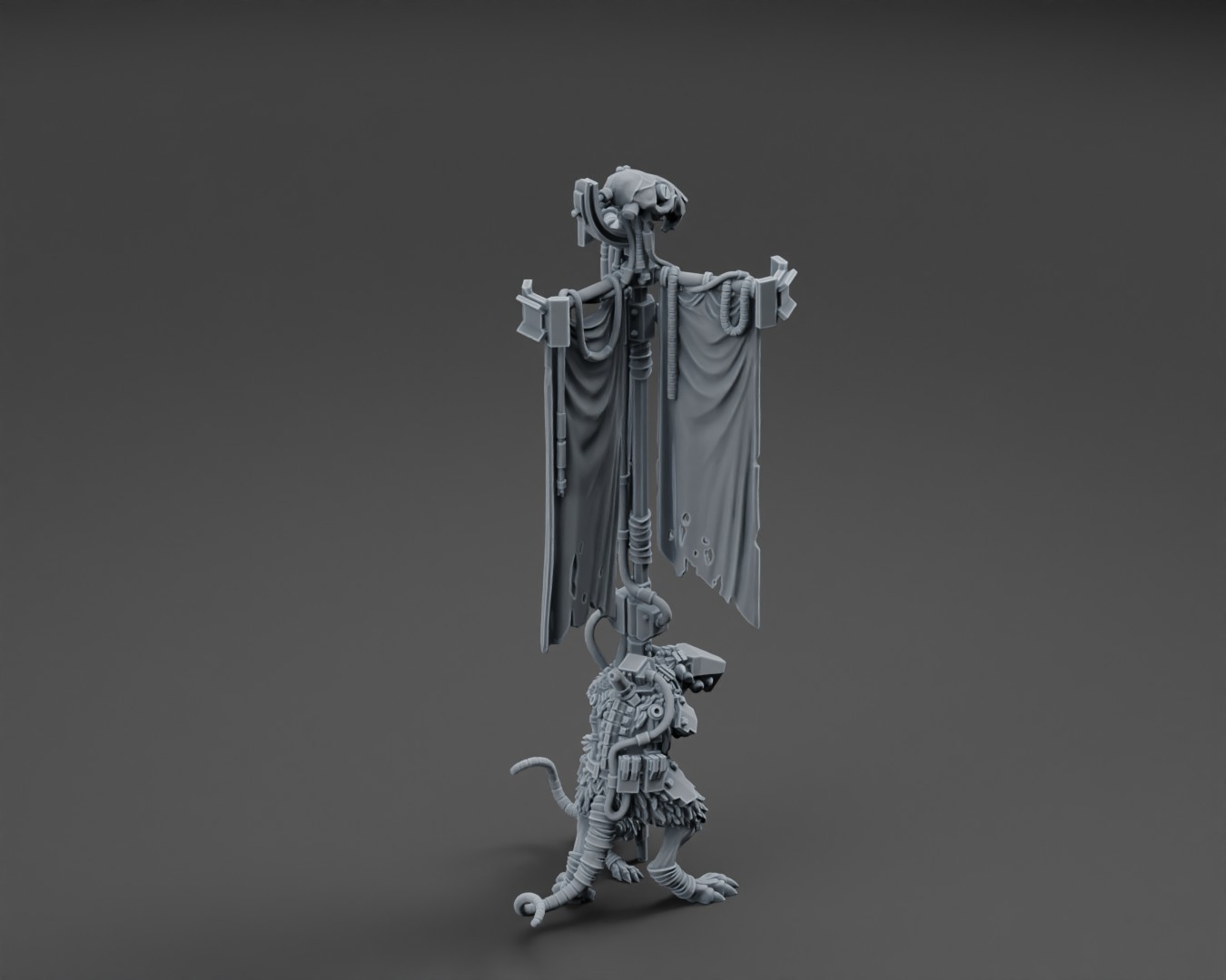 Cybernetic rat miniature carrying a tall tattered tri-star banner on a dark background.