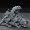 A detailed gray miniature of a cloaked cybernetic warrior riding an armored mutant rat covered in cables and mechanical parts.