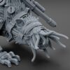 Gray 3D-printed cybernetic rat miniature with mechanical limbs and a tentacled, bound head.