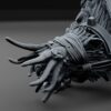 Close-up of a cybernetic rat head wrapped in bandages with long tentacle-like whiskers.