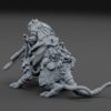 Cybernetic rat warrior miniature crouching with a long rifle and armored cloak on a plain background.