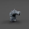 Gray cybernetic rat tank commander bust miniature with armor plates and an aiming device on its raised right arm.