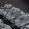 Three detailed gray armored vehicles with Hippo turrets are lined up on a dark background.