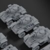 Three detailed gray sci-fi armored vehicles with hippo turrets are arranged in rows on a dark background.