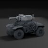 Dark gray armored vehicle miniature with a rotating turret and multi‑barrel cannon on a plain dark background.