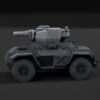 Dark gray armored vehicle with a large riveted turret and short cannon shown in left side view.